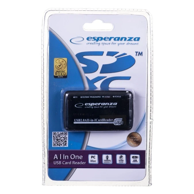 Czytnik kart Esperanza EA117 (Zewnętrzny Memory Stick Duo, MicroSD (przez adapter), MMC, SD, SDHC, SDXC)