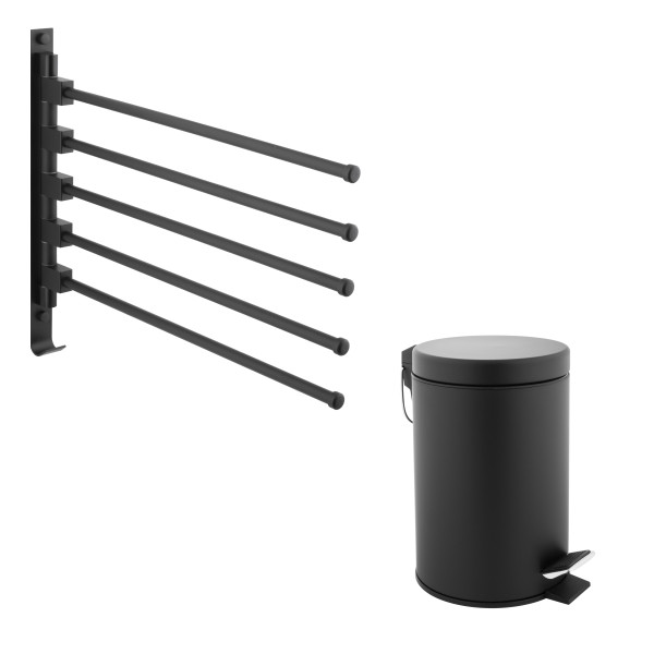 Yoka Home zestaw łazienkowy czarny kosz 3L + wieszak ścienny 5-ramienny 1015110