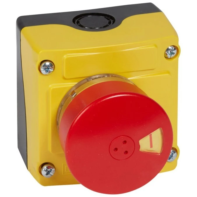 OSMOZ Obudowa żółta wyposażona z przyciskiem grzybkowym czerwonym (z kluczem) fi54 1R IP66 024218