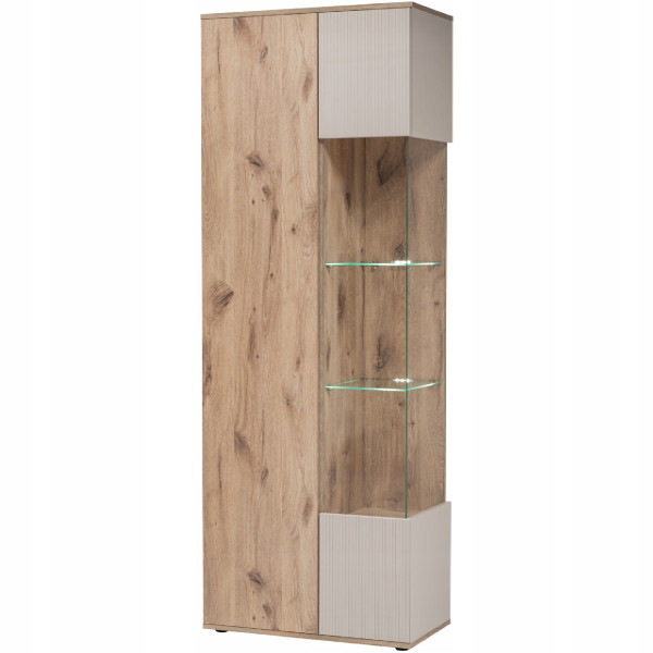 Wysoka Witryna CATALINA Przeszklona + LED | Dąb Viking + Kaszmir Ryflowany 742624