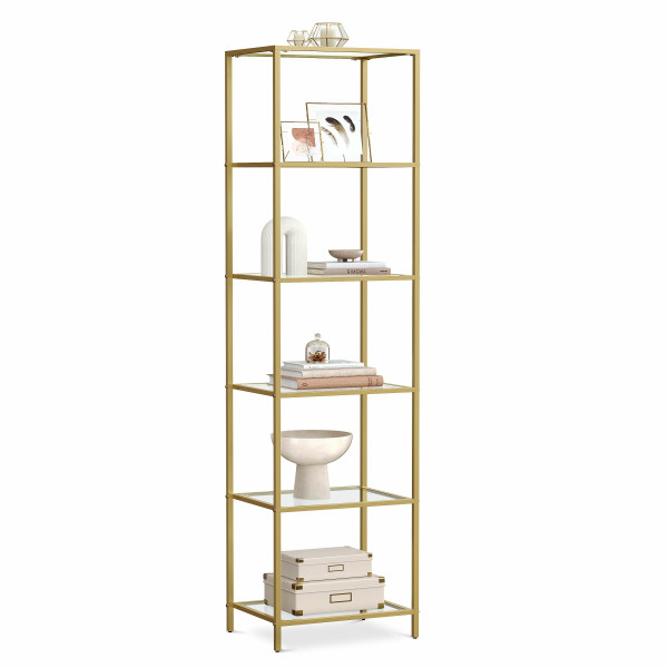 Wysoki regał szklany 6 półek 177 cm złota metalowa rama styl glamour 40×30 1064634