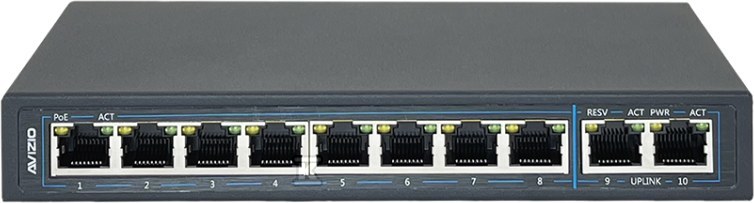 Niezarządzalny przełącznik (switch) 10xRJ45 – 8 portów RJ45 PoE+ 100Mb/s + 2 porty RJ45 Uplink 1Gb/s (budżet mocy 96W) AVIZIO AV-SU8MP2G