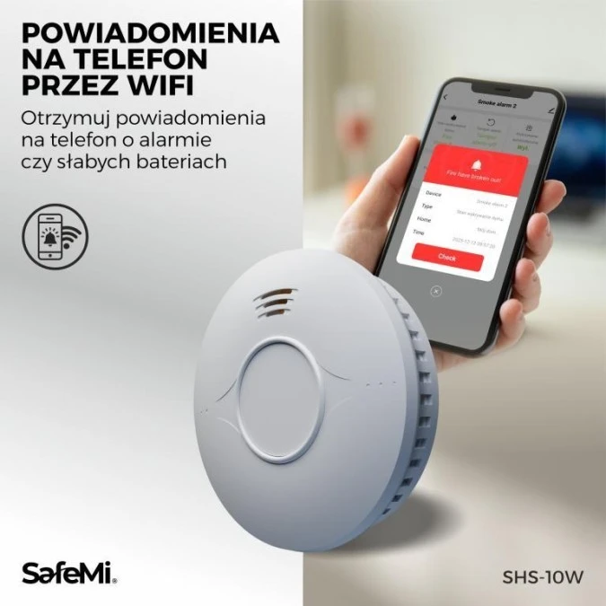 Czujnik dymu bateryjny (2xAA) z Wi‑Fi 10 lat żywotności SafeMi SHS‑10W
