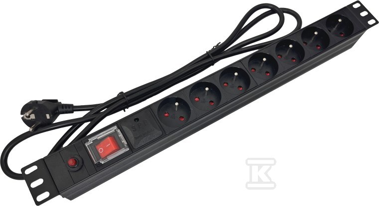 Listwa zasilająca 19″ 230V – 7 gniazd (typu E – CEE 7/5), z wyłącznikiem LED, z zabezpieczeniem przeciwprzeciążeniowym oraz przeciwprzepięciowym, kabel 1,8m CEE 7/7 ALANTEC PZ021