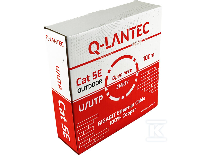 Kabel U/UTP kat.5e, sieciowy, skrętka, PE zewnętrzny suchy, Fca 4PR, 1Gb/s, czarny, 100m – Q-LANTEC KIU5OUTS100Q