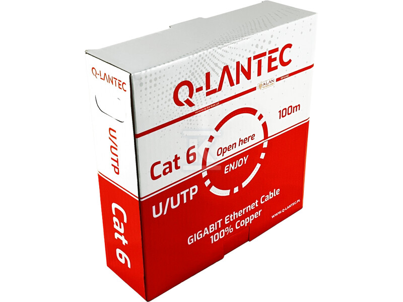 Kabel U/UTP kat.6, sieciowy, skrętka, PVC, Eca 4PR, 1Gb/s (10Gb/s do 55m), gwarancja 10 lat, szary, 100m – Q-LANTEC KIU6PVC100Q