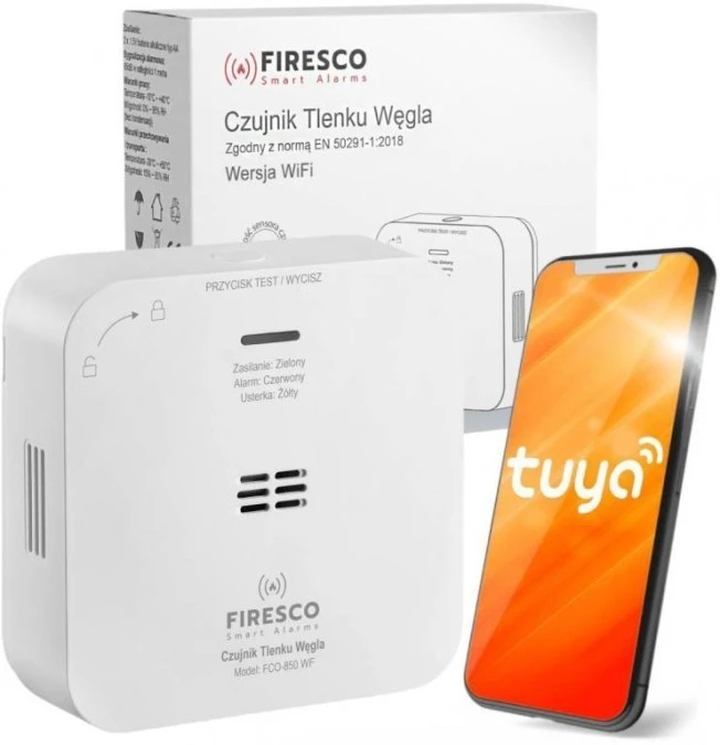 Czujnik czadu Firesco FCO‑850 WF z WiFi aplikacja Tuya