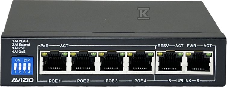 Niezarządzalny przełącznik (switch) 6xRJ45 – 4 porty RJ45 PoE+ 1Gb/s + 2 porty RJ45 Uplink 1Gb/s (budżet mocy 60W) AVIZIO AV-SU4GP2G