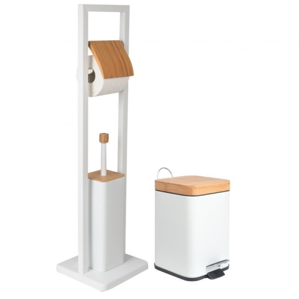 Yoka Home Zestaw łazienkowy 2w1 biały mat bambus: stojak WC 2w1 + kosz 3 l 1015111